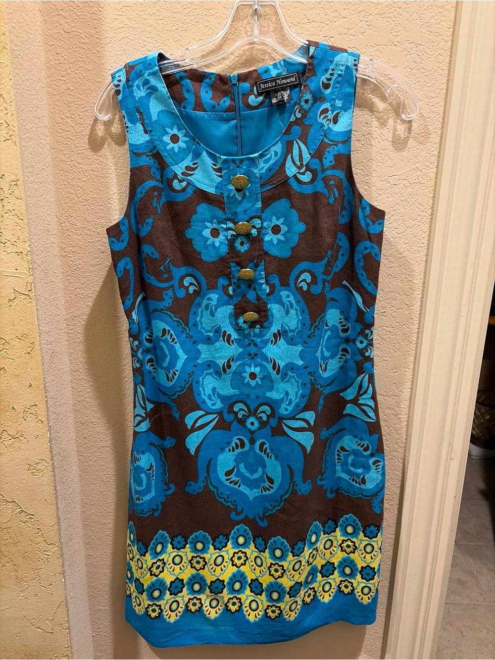 Jessica Howard Blue and Brown Floral Mini Dress with Yellow Hem FLAWS